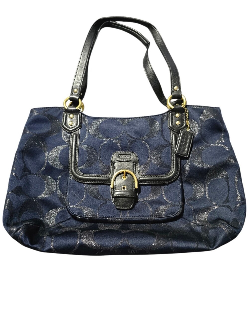 Coach Navy Metallic Canvas Signature Jacquard Tote with Black Leather Trim